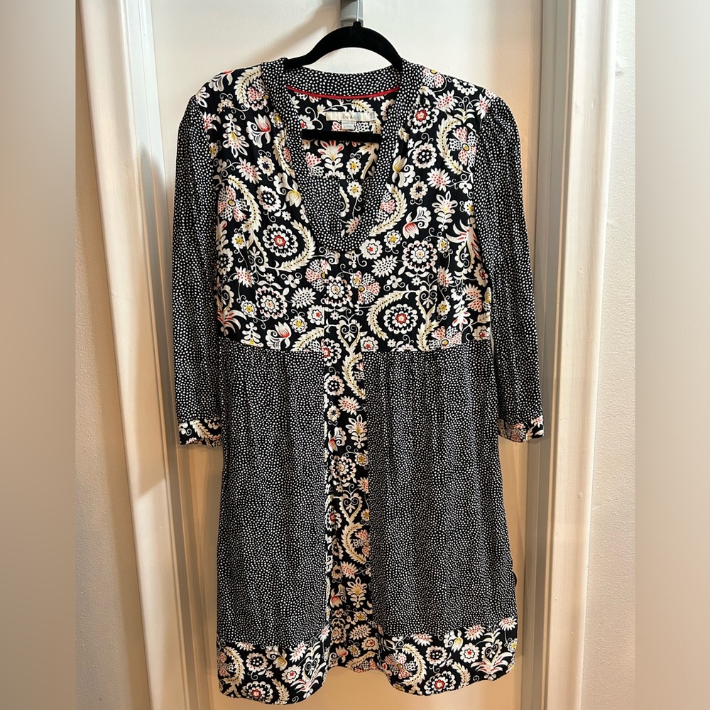 Boden Mollie Dress. Floral & Black Dot Patchwork. Black/Multi. Size 12R.